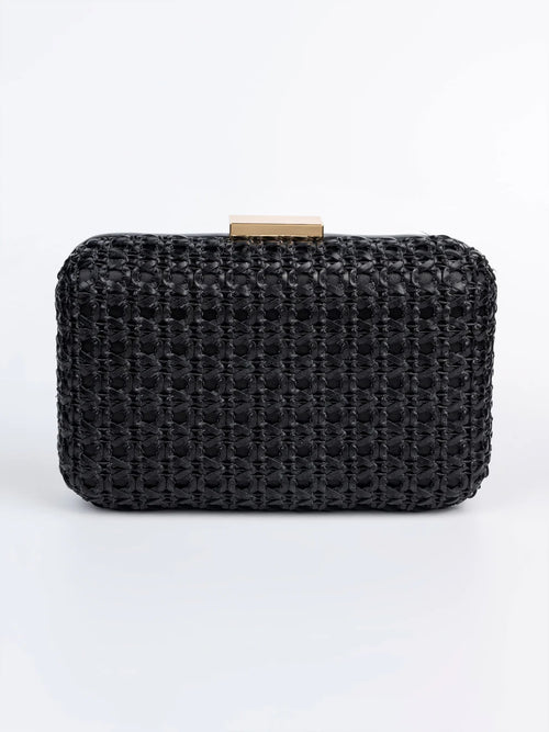 Taretail Black Woven Rexine Clutch | Detachable Chain
