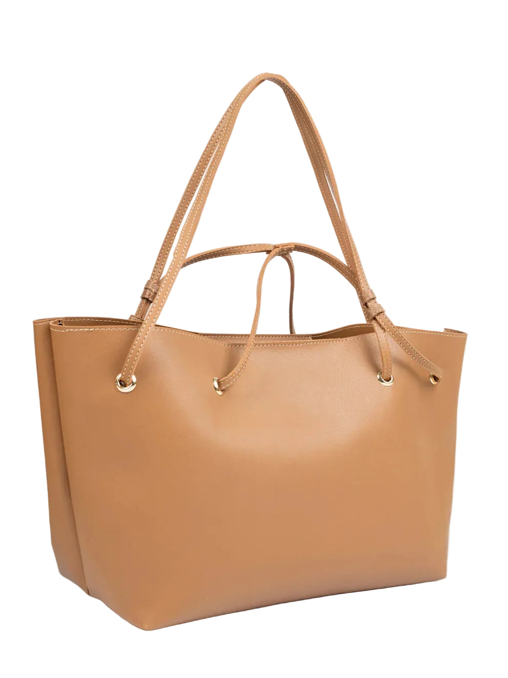 Tan handbag with gold hardware on a light gray background