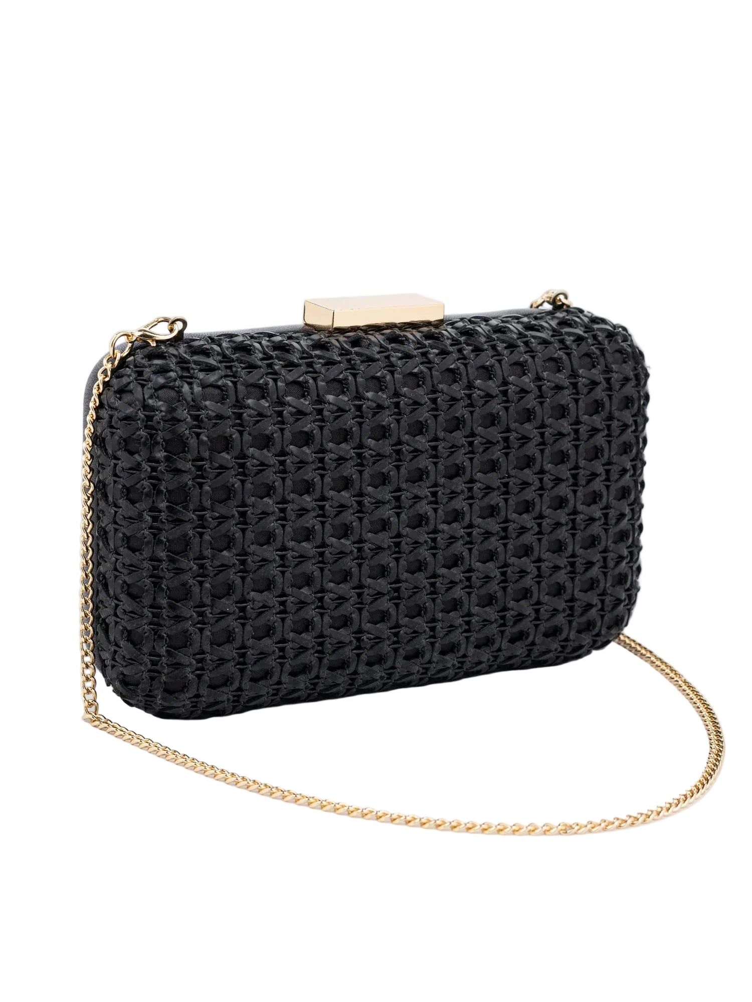 Black woven clutch bag with gold chain on a white background