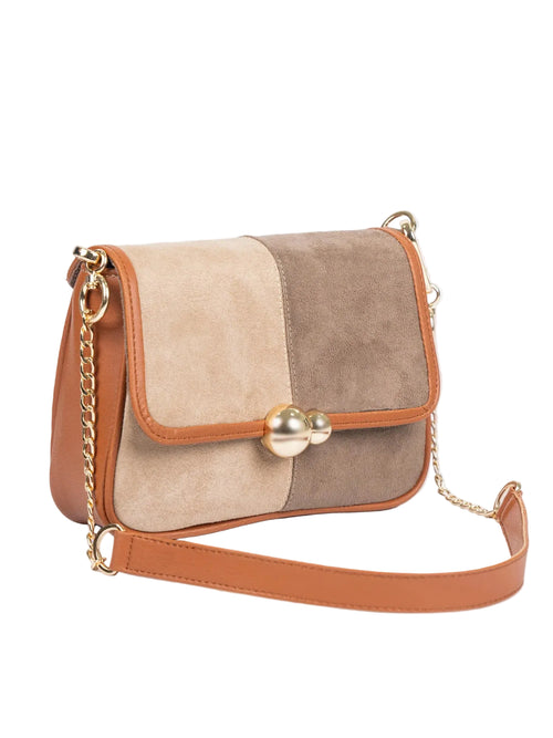 Multicolored handbag with a chain strap on a white background