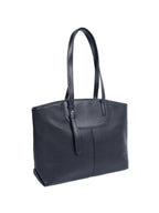 Black leather tote bag on a white background