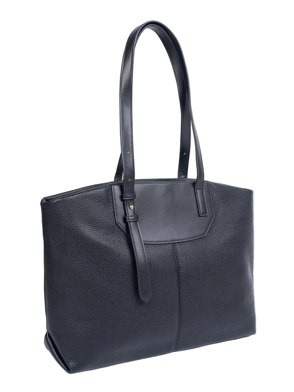 Black leather tote bag on a white background