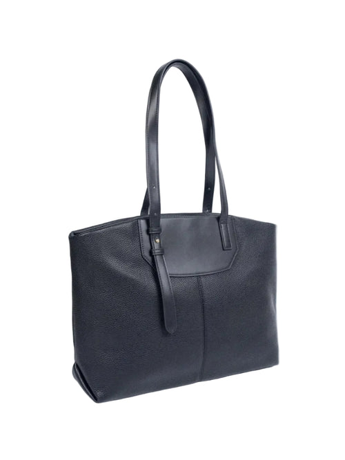 Black leather tote bag on a white background