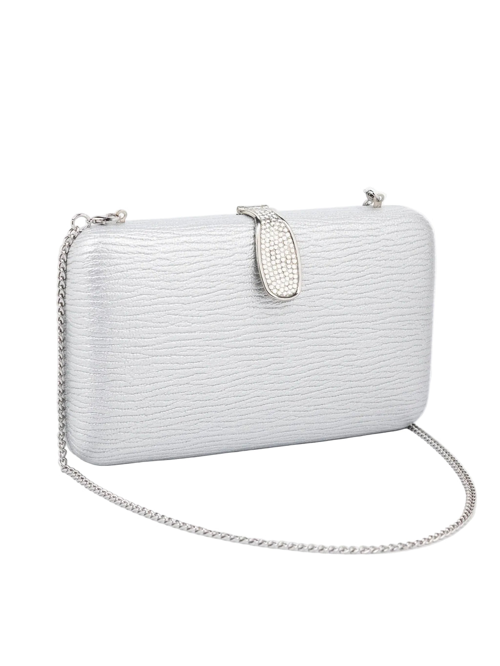 White textured clutch bag with a chain strap on a white background