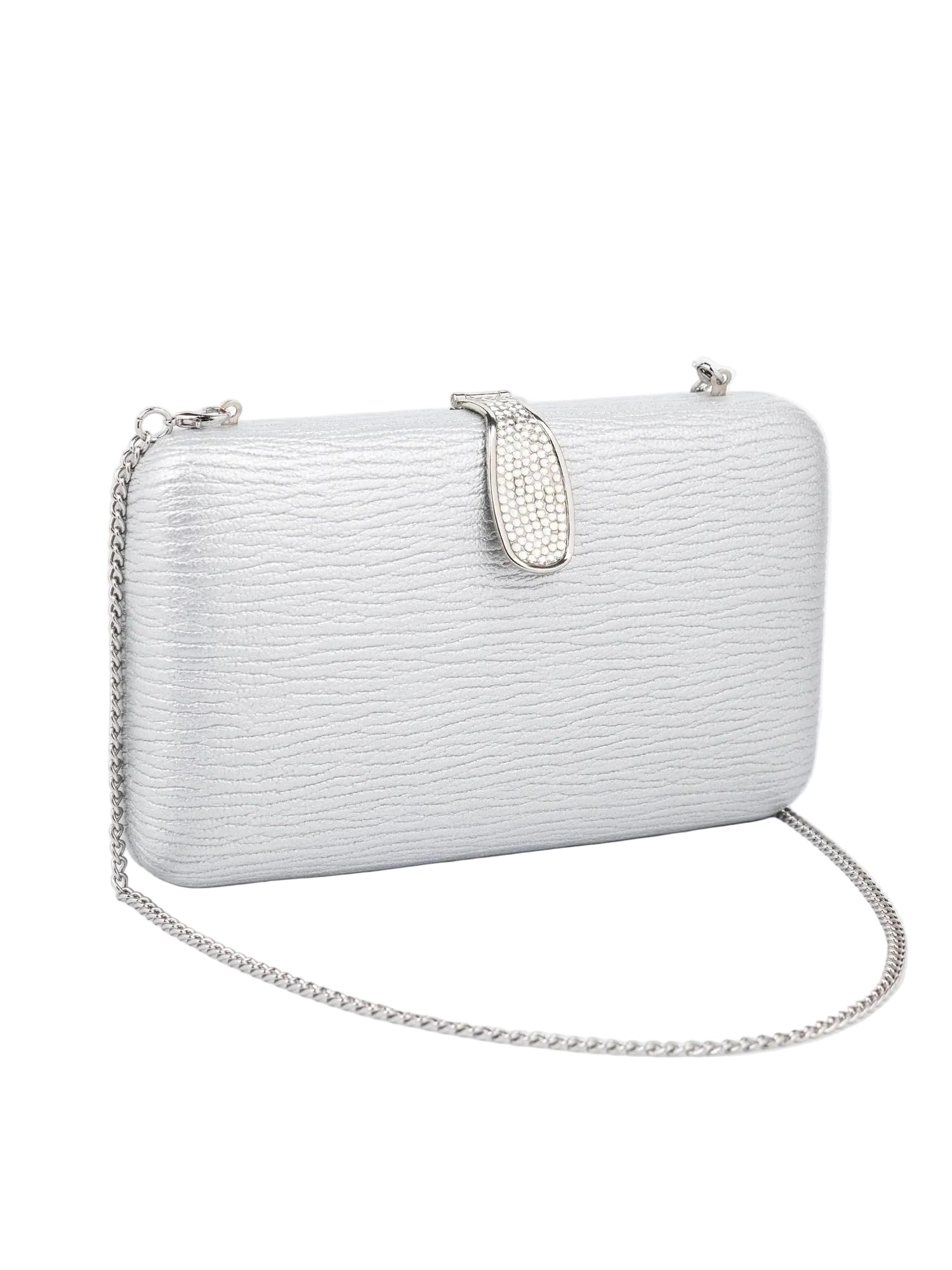 White textured clutch bag with a chain strap on a white background